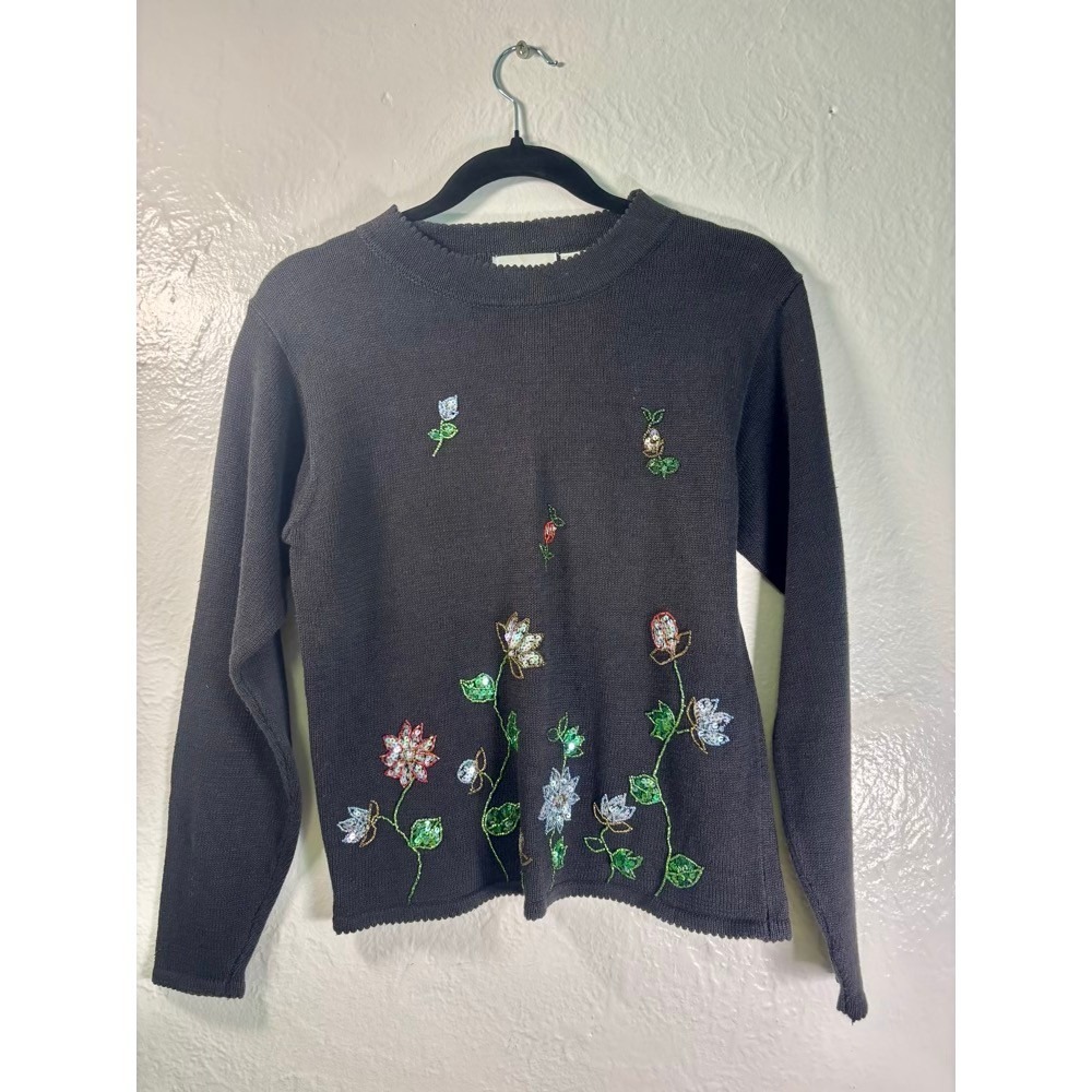Vintage Willow Ridge Woman's Beaded Sweater Floral Sequins Grandma Whimsical